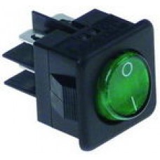 Buton verde basculant 27,8x25mm, 2NO, 250V, 16A, iluminat 0-I, conexiune faston 6.3mm #345278